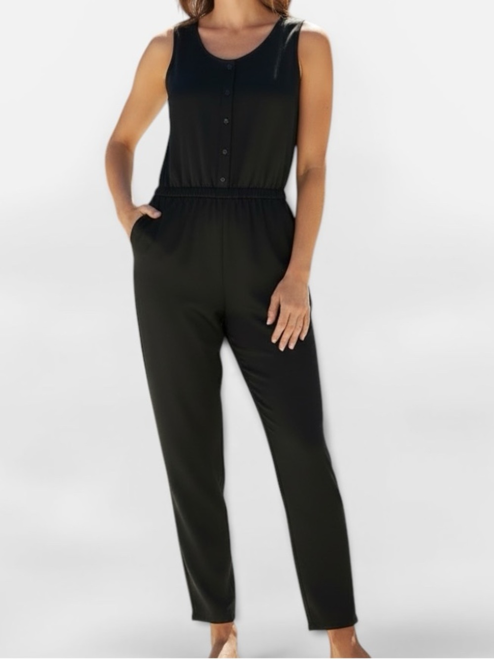 NWT LOFT Sleeveless Button-Front Jumpsuit in Black - Petite SP